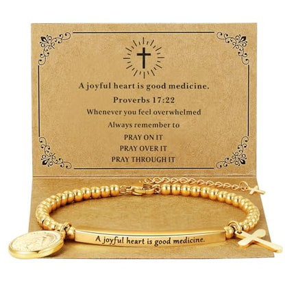 DS Inspirational Bracelet for Women Christian Engraved Bibler Verse Cross Butterfly Daisies Charm Bracelet, Exquisite Stainless Steel Jewelry Daughter Best Friend Bestie - style: A joyful heart is good medicine.-Gold