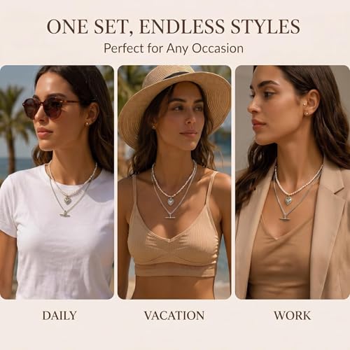 Layered Necklaces for Women Pearl Necklace Stack Gold T Bar Necklace Set Dainty Heart Pendant Jewelry Trendy 2026 Fashion Accessories Gifts - color: A2:2pcs-silver