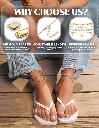 Subiceto Ankle Bracelets for Women Waterproof - 14K Gold Plated Non Tarnish Anklets Set Dainty Stainless Steel Stackable Layered for Beach Summer Jewelry Adjustable - color: 4Pcs CZ-14K Gold Plated