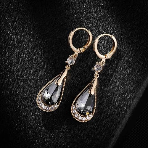 Trendy Austrian Crystal Teardrop Drop Huggie Dangle Earrings for Women 14k Rose Gold Plated Hypoallergenic Jewelry Gifts - color: Black