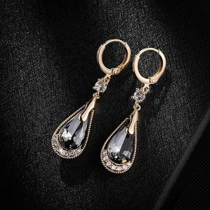 Trendy Austrian Crystal Teardrop Drop Huggie Dangle Earrings for Women 14k Rose Gold Plated Hypoallergenic Jewelry Gifts - color: Black