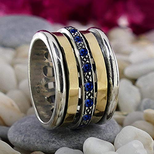 Two tone Ring Handmade 1.6 Carat Natural Blue Sapphire Gemstone Mixed Metal 925 Silver & 9k Solid Gold Hammered Meditation Ring Made in Israel