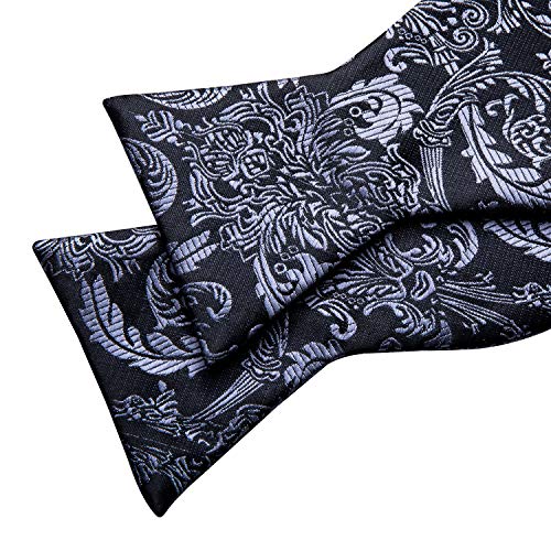 YOHOWA Bow Ties for Men Self-tied Silk Bowtie Solid Color with Lapel Pin and Handkerchief Cufflinks for Wedding Party Prom - color: Black Grey