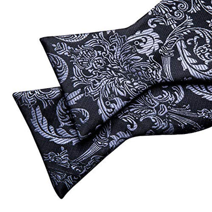YOHOWA Bow Ties for Men Self-tied Silk Bowtie Solid Color with Lapel Pin and Handkerchief Cufflinks for Wedding Party Prom - color: Black Grey