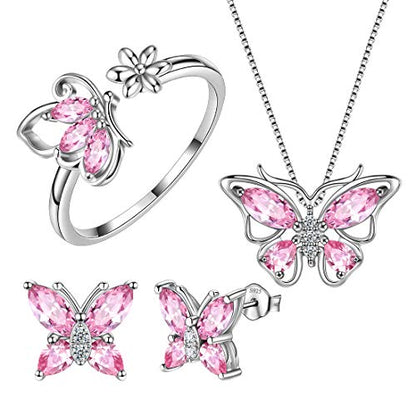 Aurora Tears Butterfly Jewelry,Women 925 Sterling Silver Butterflies Birthstone Pendant Necklace/Earrings/Rings Wedding Gift - color: J.October-set 2