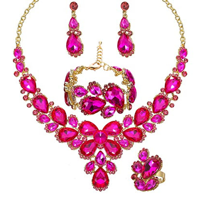 Women's Wedding Bridal Austrian Crystal Glass Teardrop Statement Necklace Dangle Earrings Bracelet Ring Wedding Party Jewelry Set for Bridal Bridesmaid - color: Pink-Gold Plated
