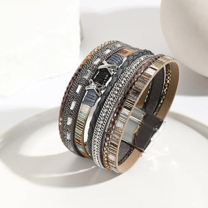 VIBILIA Boho Leather Wrap Bracelets for Women Multi-Layer Bracelets | With Strong Clasp Jewelry for Women - color: 02-XxMilletBead-Gray
