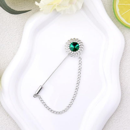 Mens Sunflower Lapel Pin Crystal Rhinestone Brooches for Men Hanging Chain Brooch Suit Pin Flower Lapel Pins for Men Wedding Business Party - color: Green-J