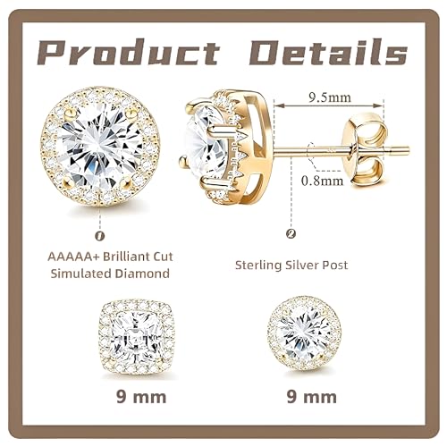 18K White Gold Plated Round Square Cubic Zirconia Simulated Diamond Halo Stud Earrings 2 pairs Set - color: gold