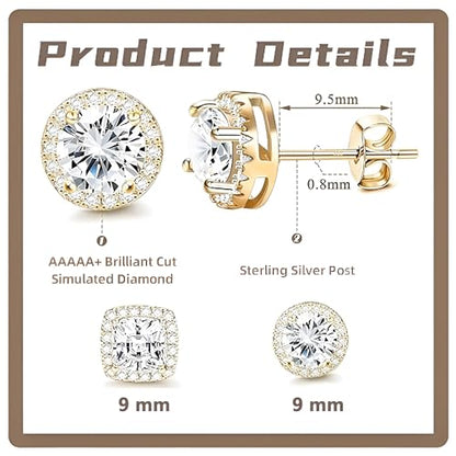 18K White Gold Plated Round Square Cubic Zirconia Simulated Diamond Halo Stud Earrings 2 pairs Set - color: gold
