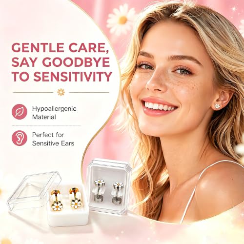 Hypoallergenic Daisy Studs Earrings for Women,18K Gold Plated Surgical Stainless Steel Flat Back Flower Earrings for Sensitive Ears,20G Post Screw Back Cartilage Helix Piercing Jewelry - color: Silver