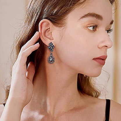 EleQueen Women's Austrian Crystal Art Deco Tear Drop Dangle Earrings Clip-on - color: 05-Black-tone Black