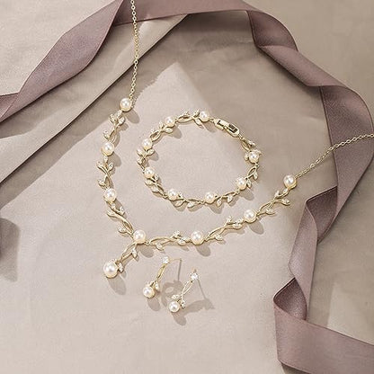 EVER FAITH Cubic Zirconia Pearl Leaf Bridal Jewelry Set for Bride Women | White Wedding Prom Necklace Dangle Earrings Bracelet, for Bridesmaid - color: Pearl_Gold-Plated-Brass