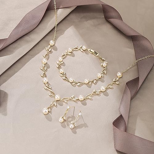 EVER FAITH Cubic Zirconia Pearl Leaf Bridal Jewelry Set for Bride Women | White Wedding Prom Necklace Dangle Earrings Bracelet, for Bridesmaid - color: Pearl_Gold-Plated-Brass