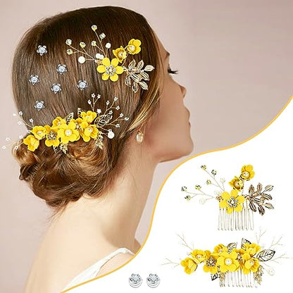 Cinaci 18 Pieces Bridal Wedding Party Prom Pearl Rhinestone Yellow Flower Hair Side Combs Slides+U-shaped Flower Hair Pins+Twist Spiral Hairpins Floral Headpieces for Brides Bridesmaids Women Girls - color: Yellow