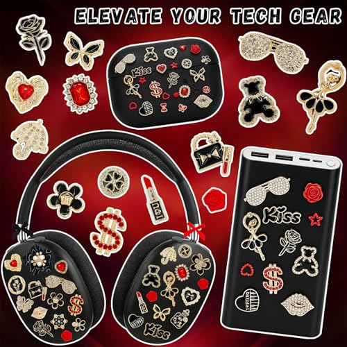 RidaaFri Junk Phone Case Charms Kit, Red Black 3D Large Charms Set | DIY Case Craft Flatback Rhinestone Gems with Bow Flower Heart Rose, Phone Making Supplies Women Aesthetic Personalization - color: Black/Red