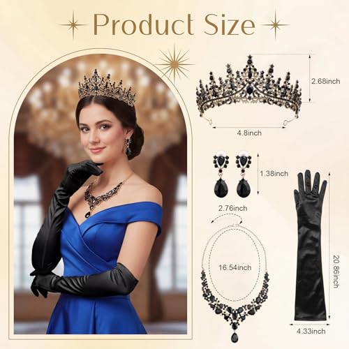 Tondiamo Bridal Jewelry Accessories Set Wedding Crystal Tiaras Crown Teardrop Necklace Earrings Satin Gloves for Women Queen Princess Birthday Prom Pageant Wedding Party - color: Black
