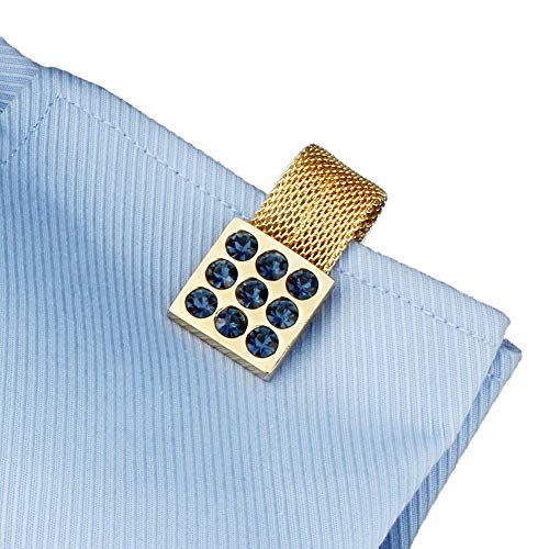 HAWSON Mens Cufflinks with Chain - Stone and Shiny Gold Tone Shirt Accessories - Party Gifts for Young Men - color: 24K Gold Color+Blue Crystal