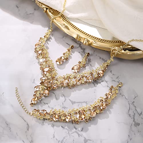Wedding Bridal Necklace Earrings Jewelry Set for Women | Gorgeous Austrian Crystal Teardrop Flower Cluster for Bridal Bride Bridesmaid - color: 3Pcs-Champagne Gold-Tone