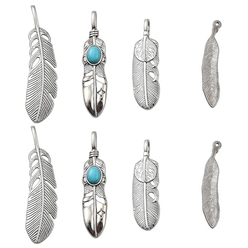 GORGECRAFT 1 Box 8PCS Silver Golden Alloy Big Feather Turquoise Pendant Stainless Steel Silver Feather Charms Necklace Feather Dangle Antique Charms for DIY Key Chain Jewelry Making Findings - style: 8PCS 4 Styles