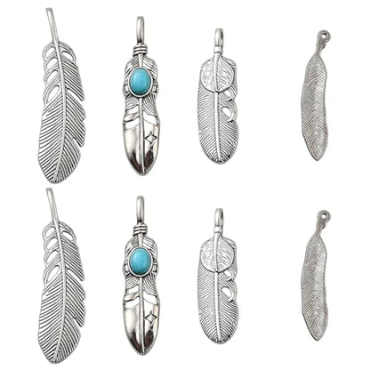 GORGECRAFT 1 Box 8PCS Silver Golden Alloy Big Feather Turquoise Pendant Stainless Steel Silver Feather Charms Necklace Feather Dangle Antique Charms for DIY Key Chain Jewelry Making Findings - style: 8PCS 4 Styles