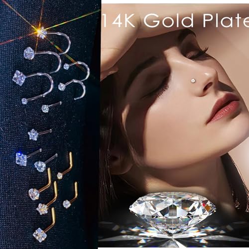 14k Gold Plated Nose Rings Studs for Women 316L Surgical Steel Nose Piercings 22g/20g/18g Gauges 1.5mm/2mm/2.5mm/3mm/3.5mm/4.5mm Sizes - color: 18g 5pcs S Silver Surgical Steel