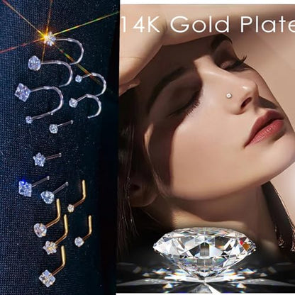 14k Gold Plated Nose Rings Studs for Women 316L Surgical Steel Nose Piercings 22g/20g/18g Gauges 1.5mm/2mm/2.5mm/3mm/3.5mm/4.5mm Sizes - color: 20g 5pcs L Silver Surgical Steel