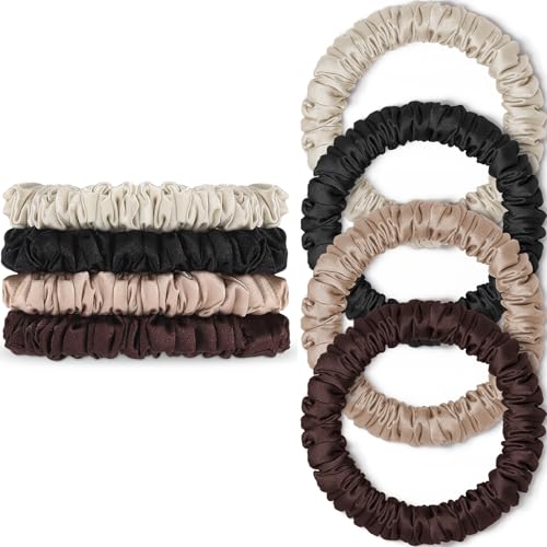 Scrunchies Hair Ties Silk Satin Scrunchy, WantGor Women 4PC Hair Bands | Pure Mulberry Silk Skinny Elastic Scrunchies Bracelets Ponytail Holders Hair Accessories (Black,Brown,Champagne,Apricot) - color: Black,Brown,Champagne,Apricot
