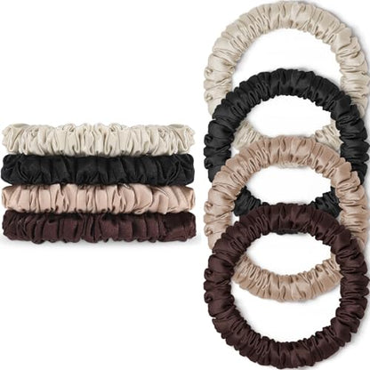 Scrunchies Hair Ties Silk Satin Scrunchy, WantGor Women 4PC Hair Bands | Pure Mulberry Silk Skinny Elastic Scrunchies Bracelets Ponytail Holders Hair Accessories (Black,Brown,Champagne,Apricot) - color: Black,Brown,Champagne,Apricot