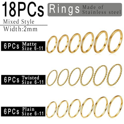 2mm 18Pcs No Tarnish Stainless Steel Thin Rings | PVD Gold Plated, Fadeless, Waterproof, High Polish, Hypoallergenic - color: 18K Gold Plated