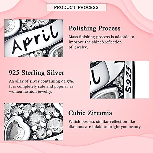 925 Sterling Silver Birthstone Charms fits Charms Bracelets for Woman，with 5A Cubic Zirconia Dangle Pendant Bead,Happy Birthday Charms for Bracelet and Necklace Valentine's Day Mother's Day Gift - color: 1-April Birthstones
