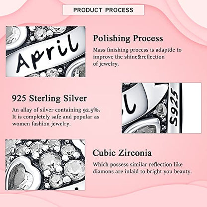 925 Sterling Silver Birthstone Charms fits Charms Bracelets for Woman，with 5A Cubic Zirconia Dangle Pendant Bead,Happy Birthday Charms for Bracelet and Necklace Valentine's Day Mother's Day Gift - color: 1-April Birthstones