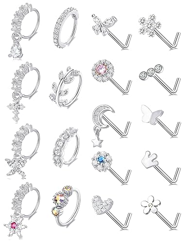 Akeoqi 18Pcs Nose Rings Hoops L Shape Nose Studs Screw Bone CZ Butterfly Flower Cross Leaf Star Crown Heart Nose Nostril Piercings Jewelry Set For Women Men Gold Silver Tone 20G - color: B1:Silver-18PCS