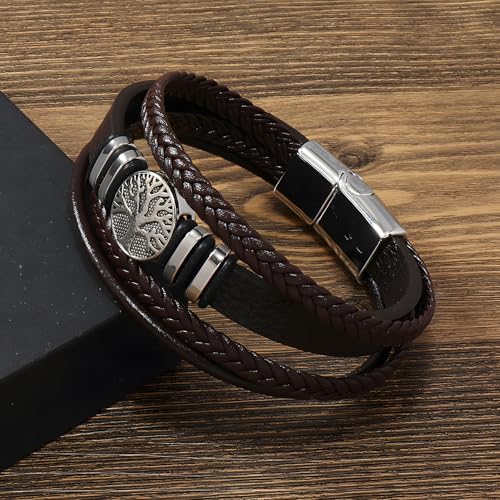Tree of Life Leather Bracelet for Men, Multi-Layer Braided Religious Mens Cuff Bracelets with Alloy Clasp Anniversary Father's Day Birthday Christmas Jewelry Gifts for Him - color: Coffee