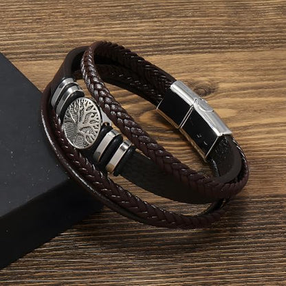 Tree of Life Leather Bracelet for Men, Multi-Layer Braided Religious Mens Cuff Bracelets with Alloy Clasp Anniversary Father's Day Birthday Christmas Jewelry Gifts for Him - color: Coffee