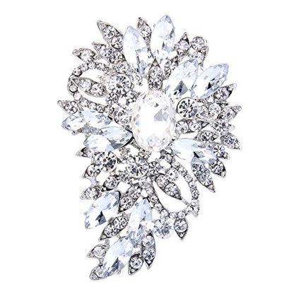 EVER FAITH Women's Austrian Crystal Wedding Flower Leaf Bouquet Brooch - color: Clear Silver-Plated-Base