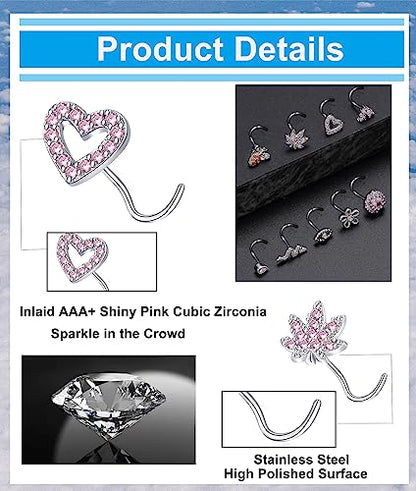 Tornito 16Pcs Nose Stud Rings L Screw Shaped Nose Ring Flower Snake Butterfly Heart Eye CZ Dangle Nose Rings Stud Body Piercing Jewelry for Women Men 20G Silver Pink Tone - color: C:Pink CZ(Screw Shaped)