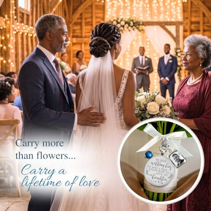 Bouquet Charm On Your Wedding Day Memorial Honoring Mom Dad Grandma Grandpa Meaningful Bridal Floral Jewelry Silver Finish Pendant Bride's Flowers Photo Frames Parent Grandparent - color: Blue Bead, style: My Daughter | 1 Frame