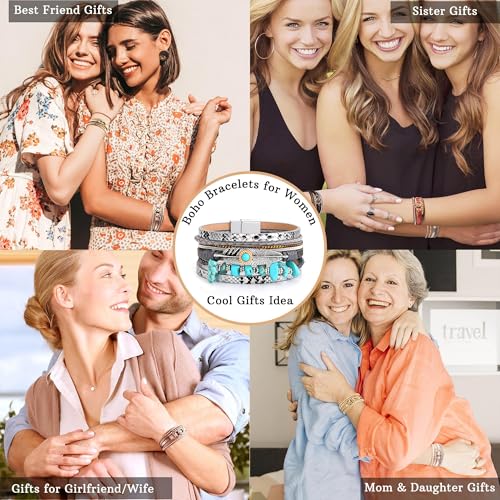 Bracelets for Women, Gifts for Mom Her Christmas Gift 2026 Leather Bracelets for Women Birthday Gift for Daughter Inspirational Wrap Bracelet Sister Friend Teen Girl Gift Layered Stocking Stuffers Jewelry - style: Silver-Turquoise