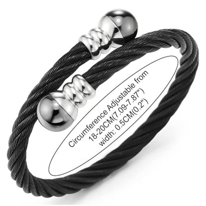 COOLSTEELANDBEYOND Elastic Adjustable Steel Twisted Cable Cuff Bangle Bracelet for Mens for Women - color: M-Metal Color: Black & Silver