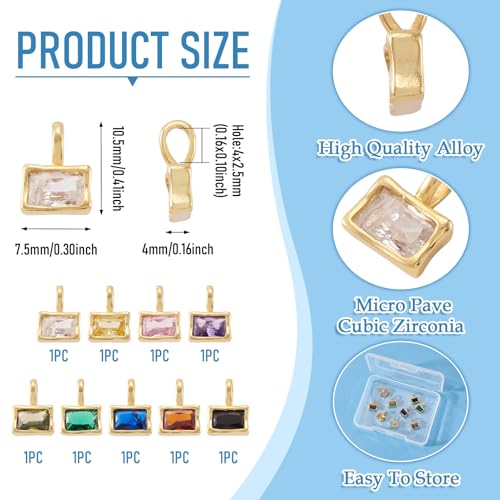 Beadthoven 9Pcs Gold Plated Cubic Zirconia Charms Rectangle Crystal Rhinestone Charms Dangle Bead Long-Lasting Brass Birthstone Pendants for Jewelry Making Necklace Earrings Bracelet DIY Craft - color: Rectangle Mix