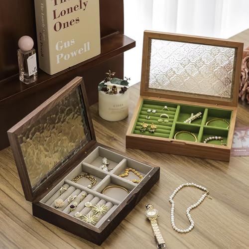 Wooden Jewelry Box with Glass Lid, Multi-Compartment Jewelry Display Case, Green Velvet Lining, Cherry Wood - color: Green Velvet Lining, Cherry Wood