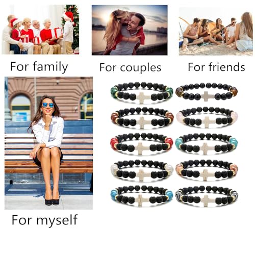 Beaded Bracelets Cross Bracelet for Women Men Lava Rock Turquoise Tiger Eye Natural Bracelet Anxiety Healing - color: 9 Pcs- white cross