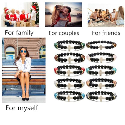 Beaded Bracelets Cross Bracelet for Women Men Lava Rock Turquoise Tiger Eye Natural Bracelet Anxiety Healing - color: 9 Pcs- white cross