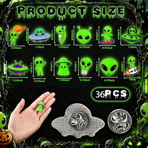 Liliaafar 36 Pieces Halloween Enamel Pins Set Grow in the Dark Halloween Lapel Pins Bulk for Backpacks Clothing Hat Bag Gifts - style: Green Alien