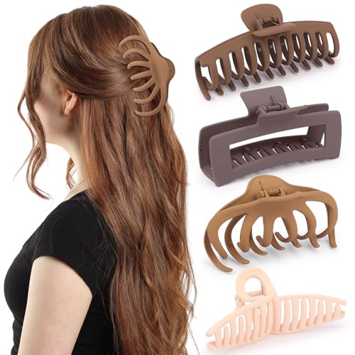 Matte 5 Inch Large Hair Clips for Thick Hair, 4 Pack | Extra large hair claw clips in blush pink, sand beige, brown and gray, designed for secure hold and everyday styling - color: Matte: Blush Pink, Sand Beige, Brown & Grey