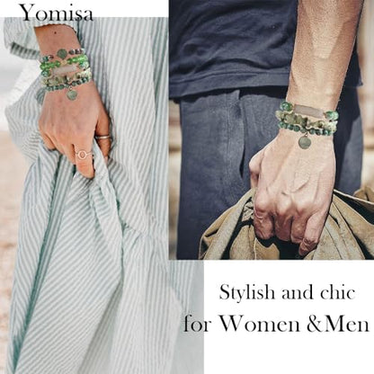Yomisa 5PCS 6PCS Natural Boho Beaded Bracelets/Bangle for Women Men,Healing Turquoise Jasper Agate Crystal Gemstone Stone Chakra Multilayer Wrap Bohemian Handmade Jewelry Beads Stretch Bracelet Set - color: 5PCS-Green