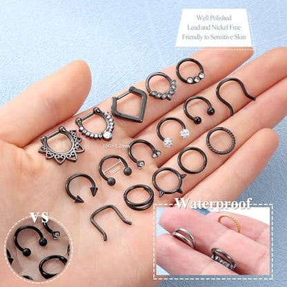 Besteel Hypoallergenic Septum Rings 16G 8mm Surgical Steel Clicker Nose Rings Hoops Set Small Lip Cartilage Helix Daith Piercing Jewelry for Women Men 16 Pcs Gold Silver Black - color: Black
