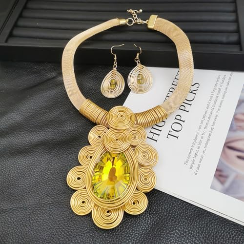 African Jewelry Sets Statement Big Crystal Pendent Necklace Earrings Set For Women Handmade Bib Collar Costume Tribal Fashion Accessories - color: KDLUN5305 Gold