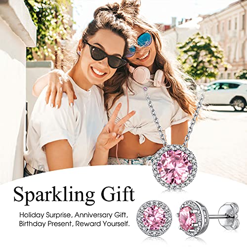 Bestyle Sparkling 925 Sterling Silver Birthstone Stud Earrings for Women, Heart/Round/Teardrop/Square Solitaire Diamond Studs Earrings, Great Birthday/Christmas Gifts - style: 10. Pink Tourmaline-Oct.-round
